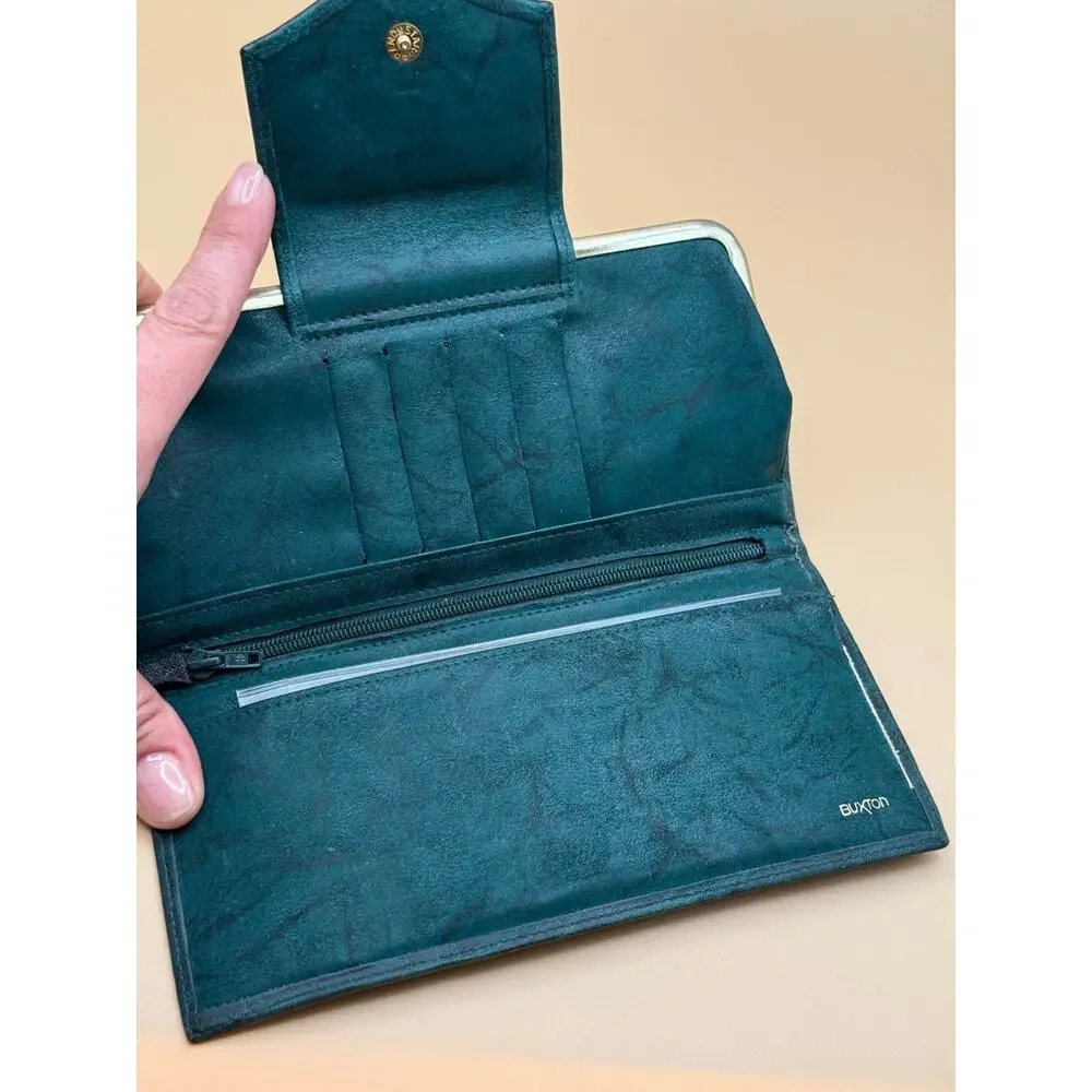💚 Vintage Buxton Top Grain Cowhide Leather Wallet Clutch Kiss Lock – NIB